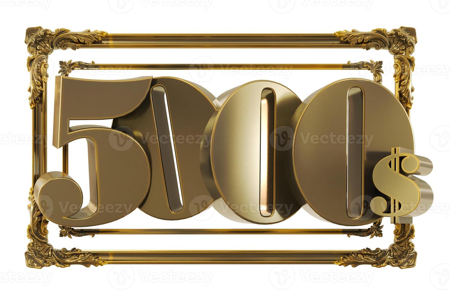 3D render of gold 3000 dollars on a golden frame isolated on transparent background, golden three thousand dollars photo