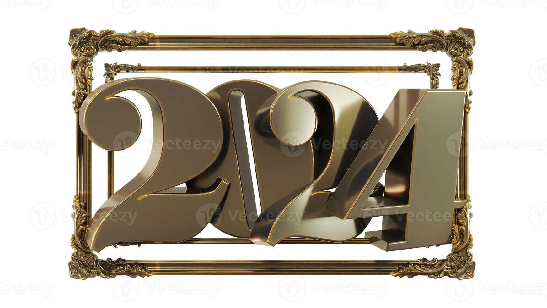 3D render of golden Happy new year 2024 with golden border, 2024 new year text photo