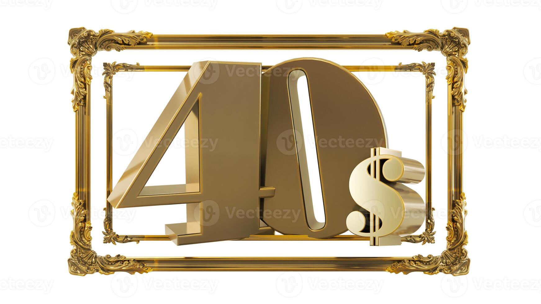 golden forty dollars on a golden baroque frame isolated on white background, 3D render photo
