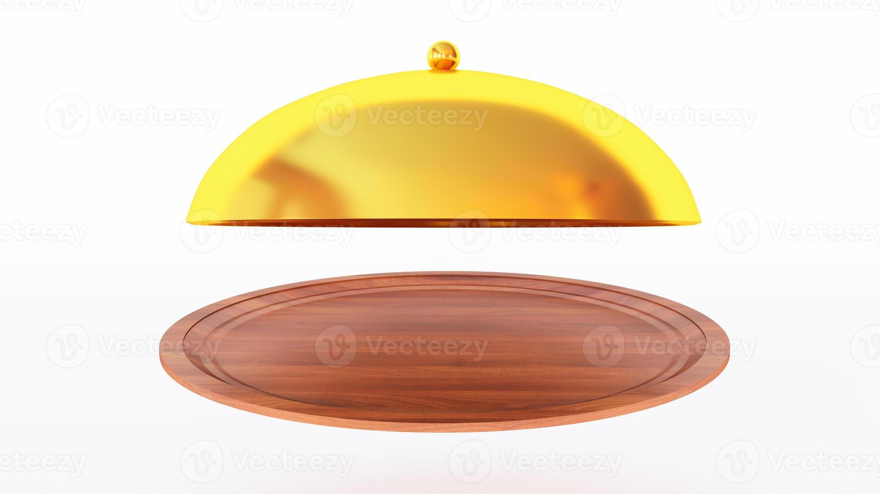 3d render of gold and wood Restaurant cloche with open lid. Dome for restaurant dishes. Tray and cloche isolated on white background photo