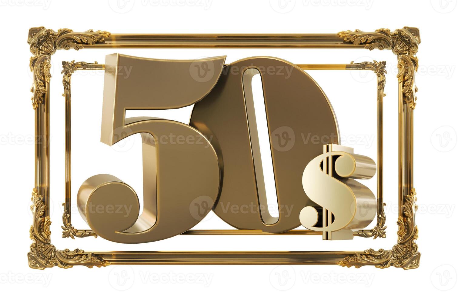 golden fifty dollars on a golden baroque frame isolated on transparent background, 3D render photo