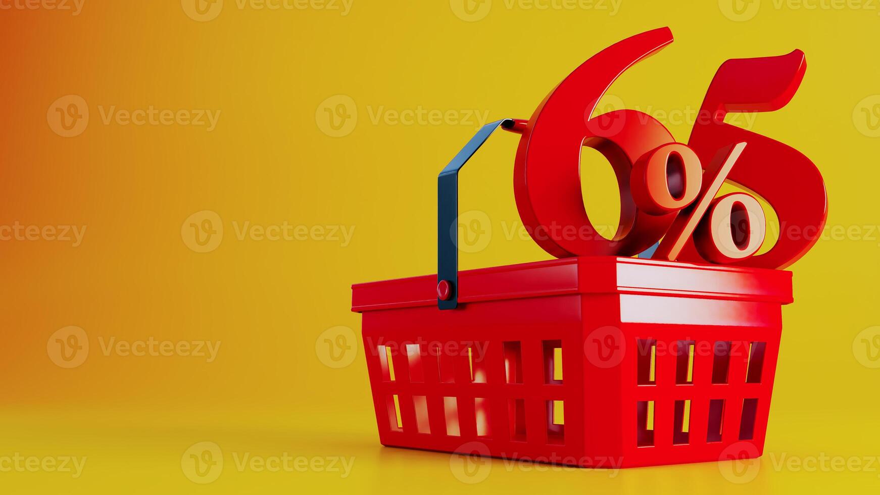 3D render of red supermarket basket with red sixty five percent offer on colored background photo