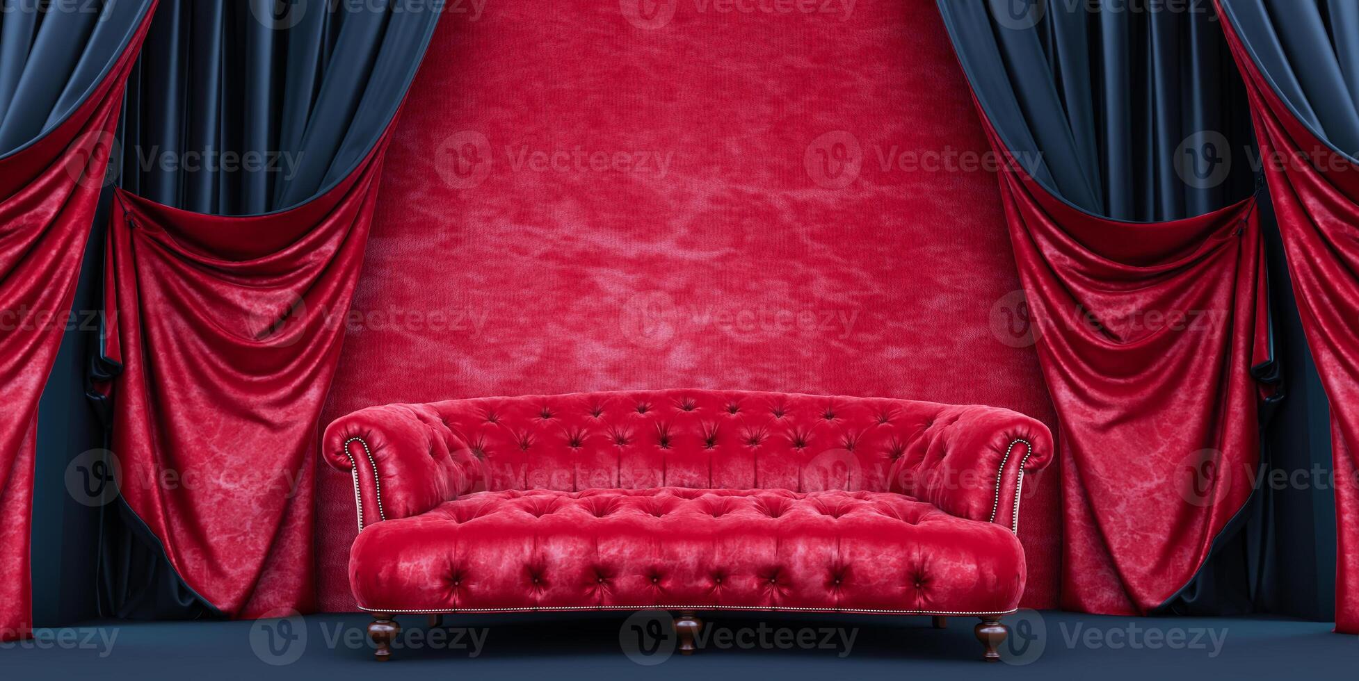 Interior with red sofa and black and red curtains, red sofa and red wall, 3d render photo