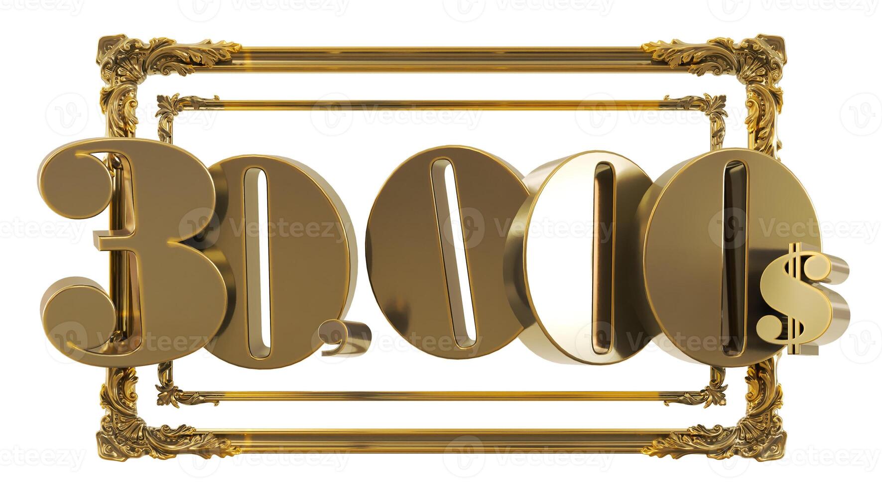 3D render of gold 30000 dollars on a golden frame isolated on transparent background, golden thirty thousand dollars photo