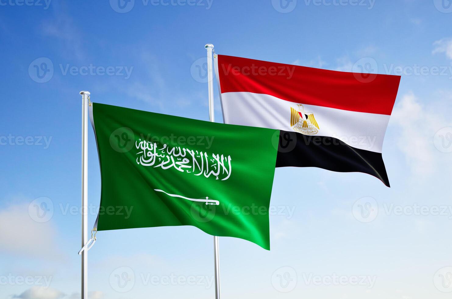 flags of saudi arabia and egypt over blue sky background. photo