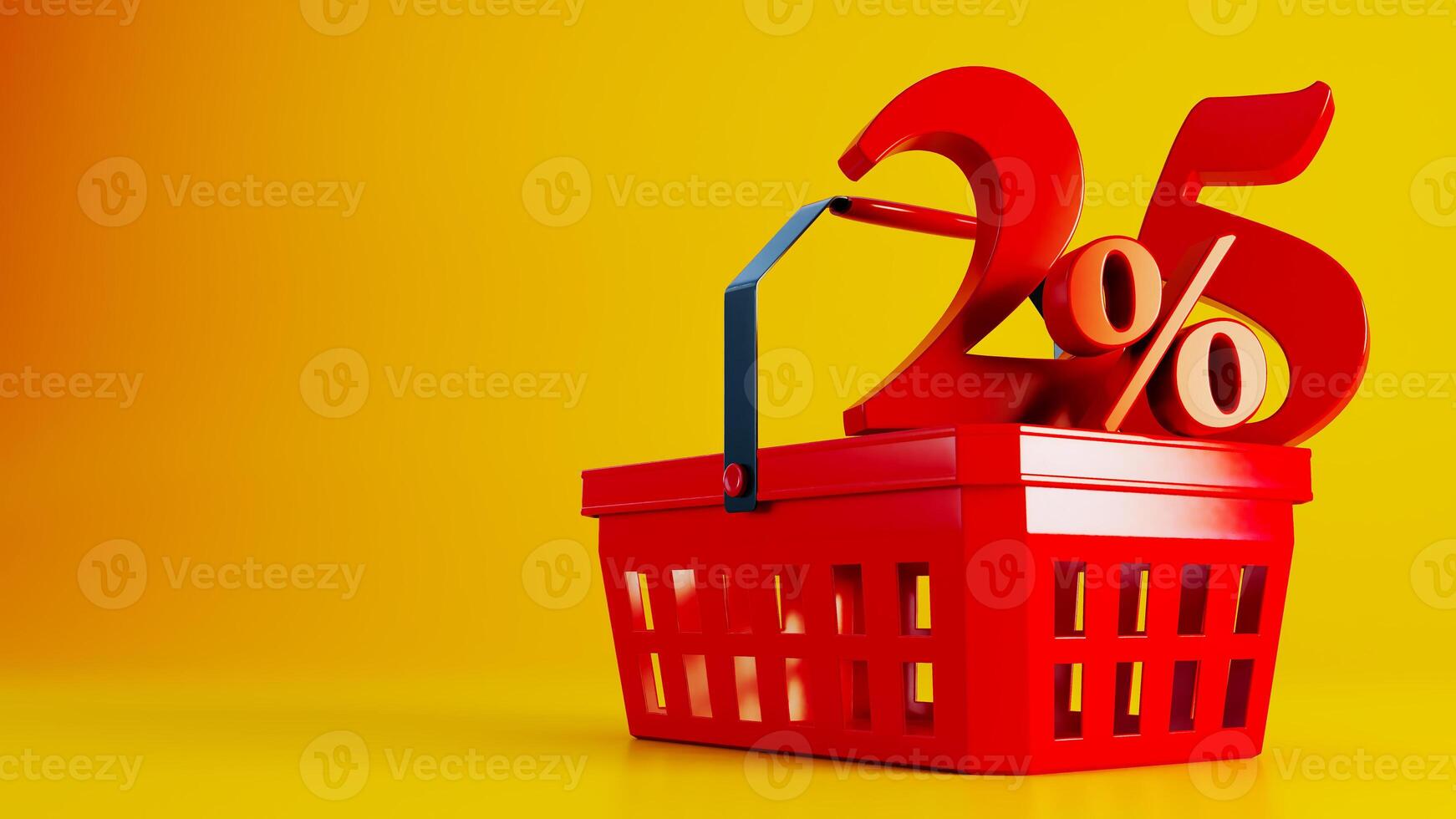3D render of red supermarket basket with red twenty five percent offer on colored background photo