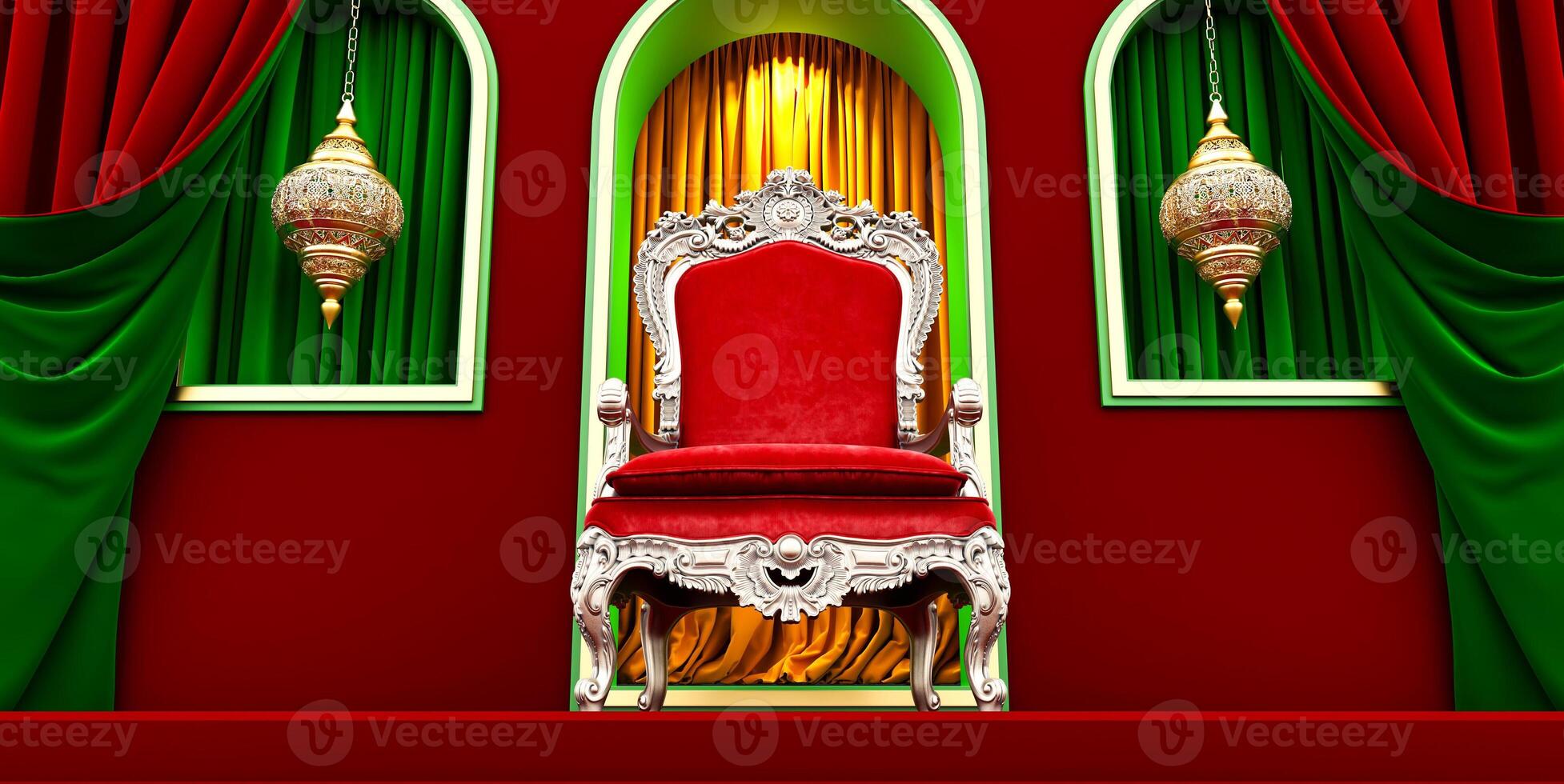 3D render of throne room background, Room with red and green curtains and royal armchair, islamic style photo