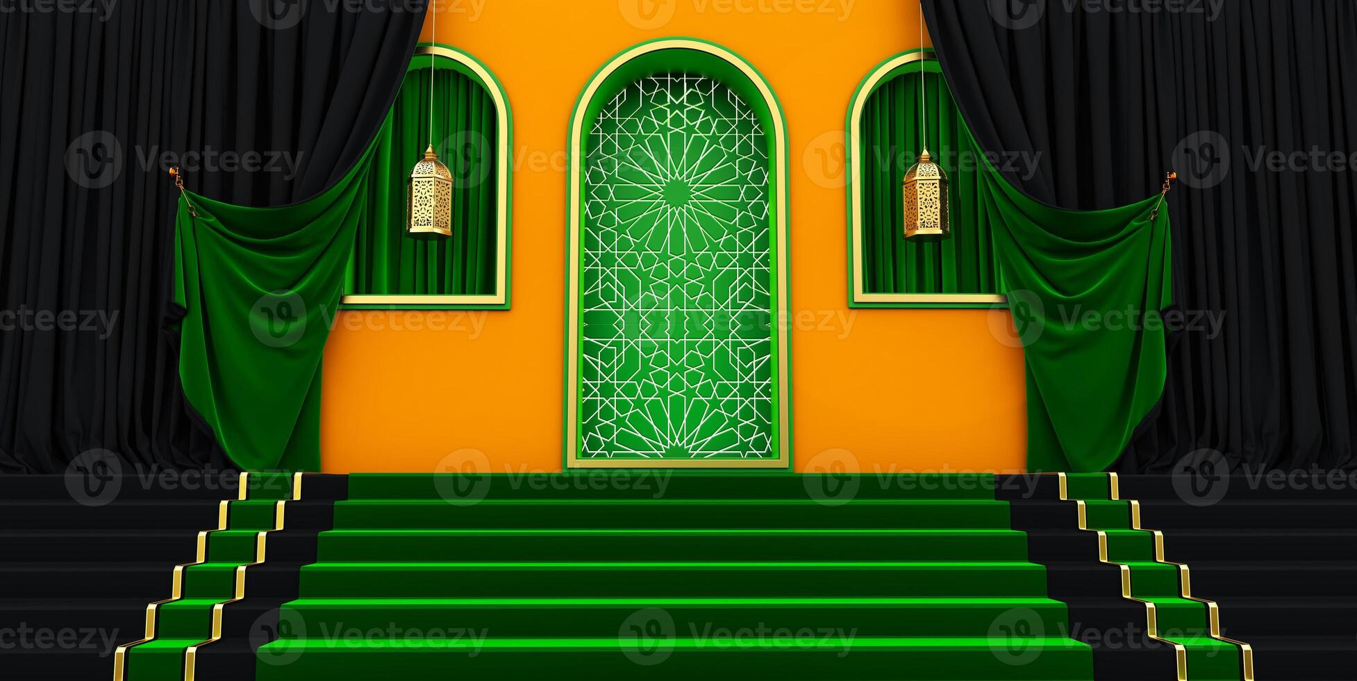 Golden arabic ornament on the yellow wall with islamic door. islamic vip concept, ramadan, red curtains photo