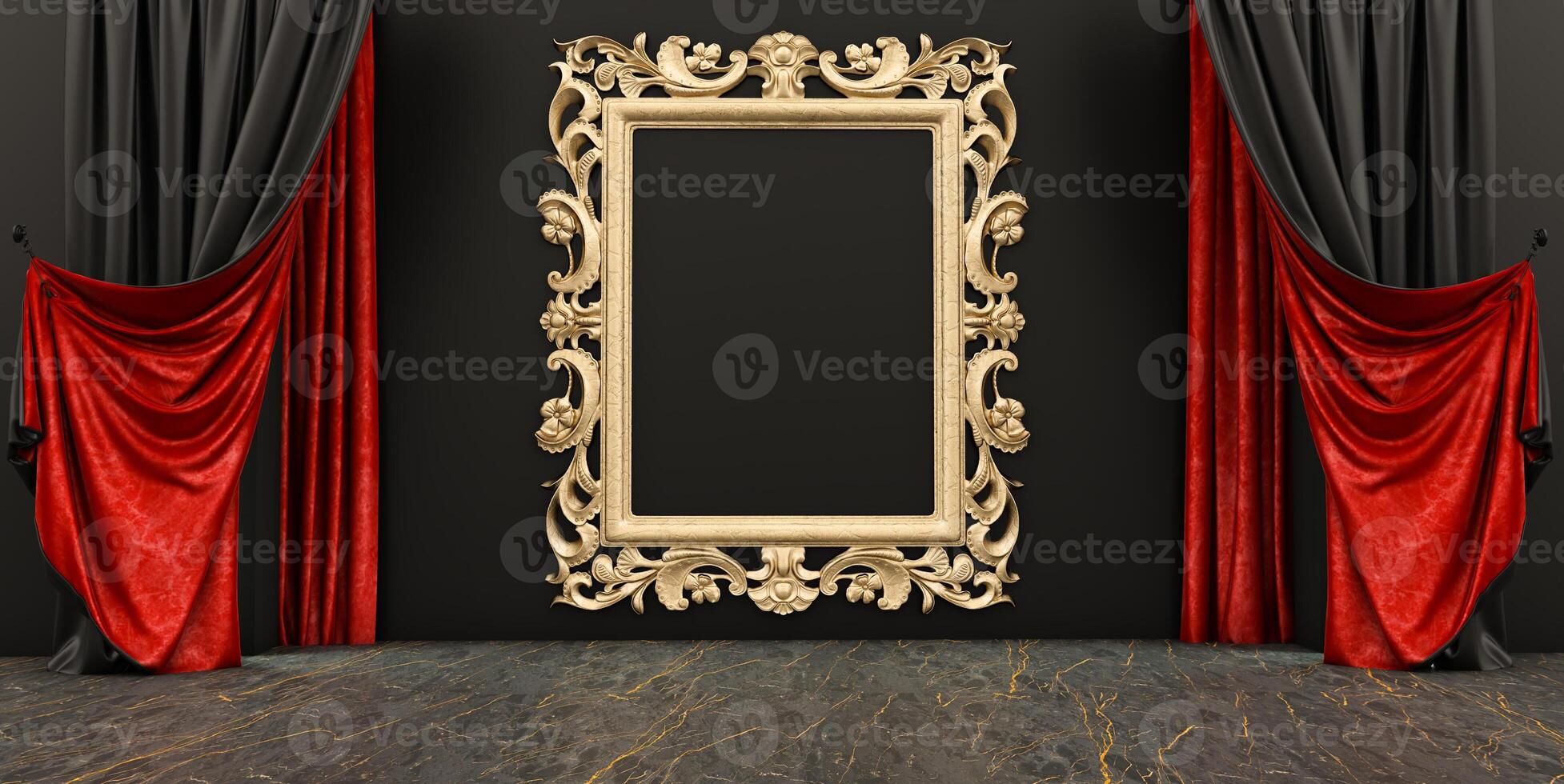 3D render of gold frame in room, An empty frame in a black wall interior with black and red curtains. photo