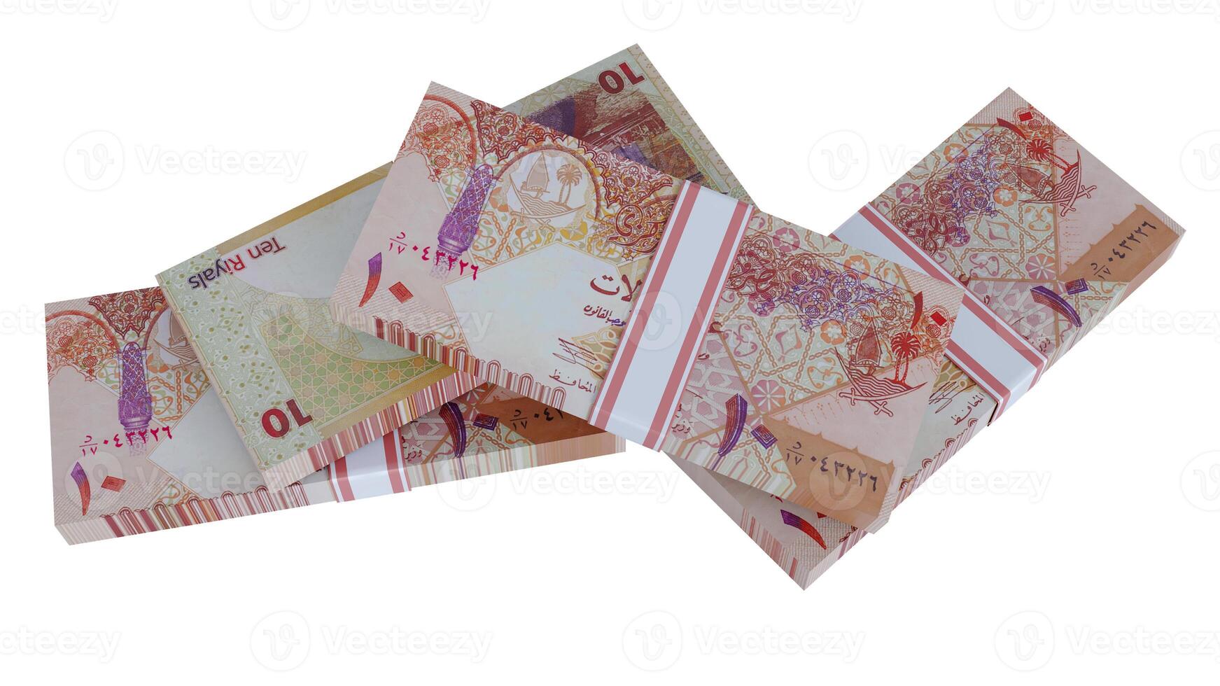 Stack of ten riyal qatari Bills isolated on transparent Background, photo