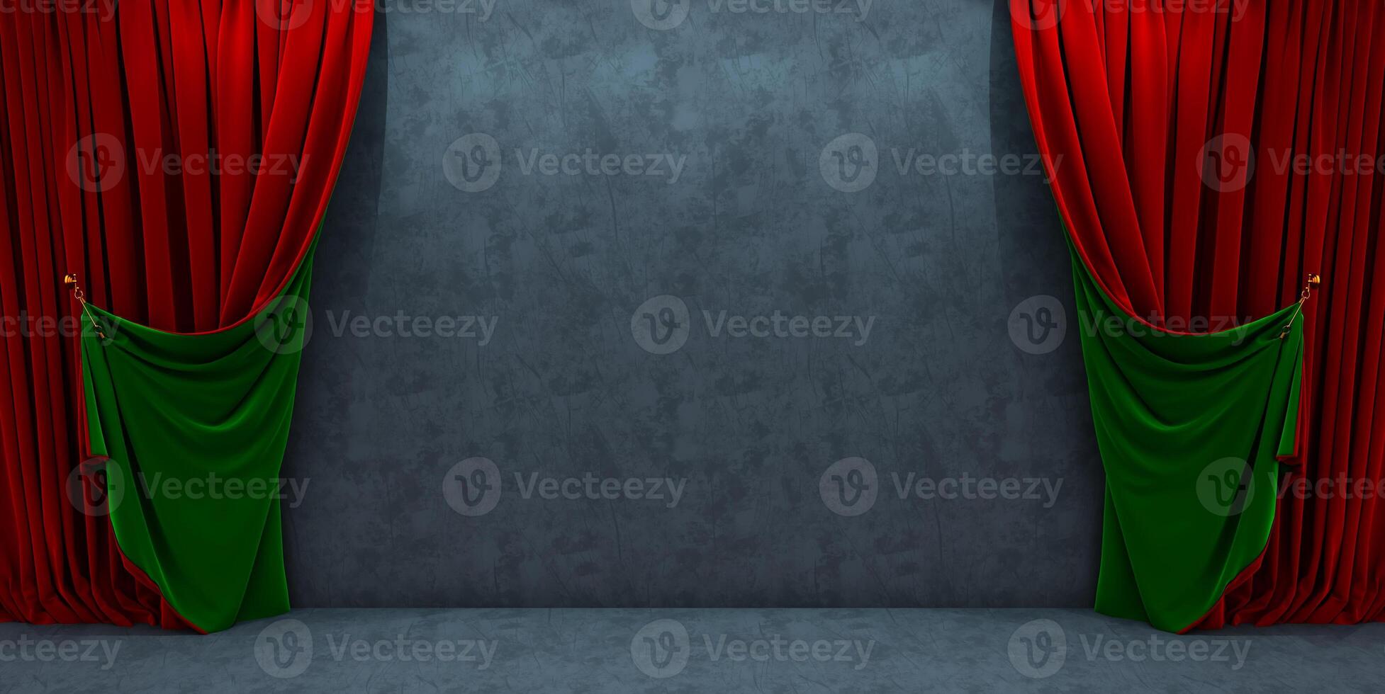curtains on dark wall background, dark product background room on red and green curtain scene display with luxury fabric backdrops. 3D render photo
