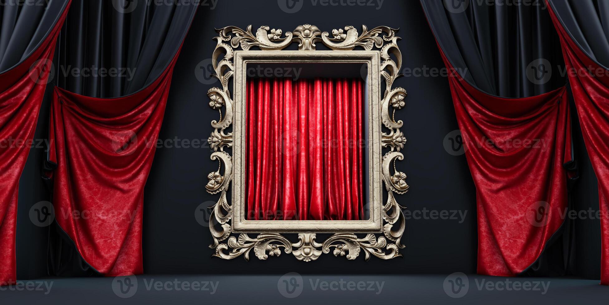 3D render of empty picture frame, Gallery Interior with empty frame on wall with curtain. photo