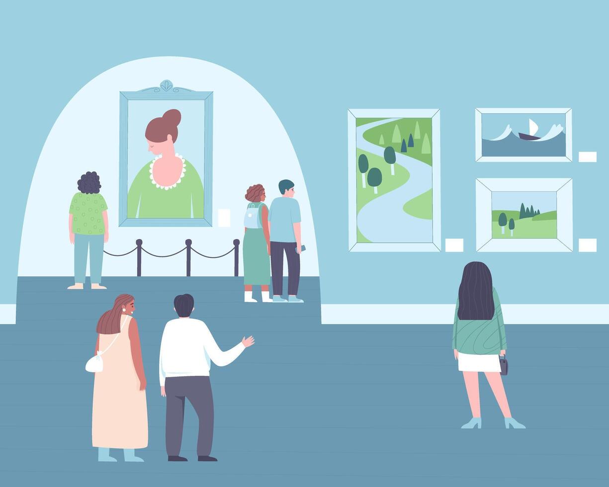 People walk through the halls of the museum looking at the paintings vector