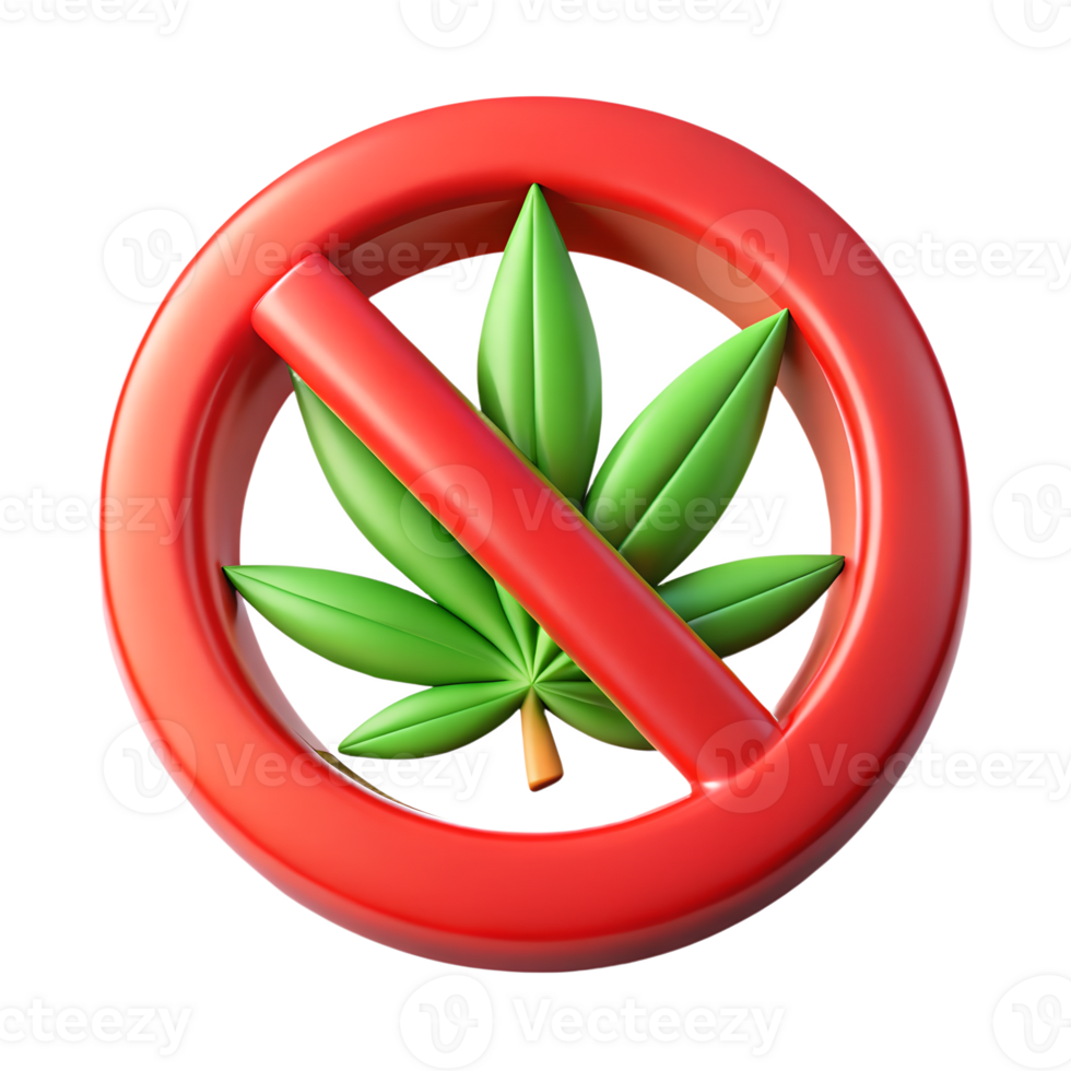 3D illustration of a 'No Cannabis Allowed' prohibition sign of red circle with a diagonal slash isolated on a transparent background png