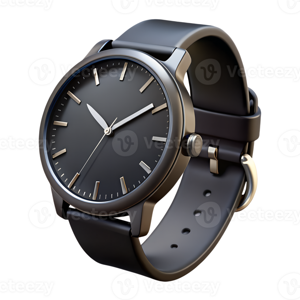 Luxury black wristwatch with genuine leather strap isolated on transparent background, minimalist design, 3d illustration png