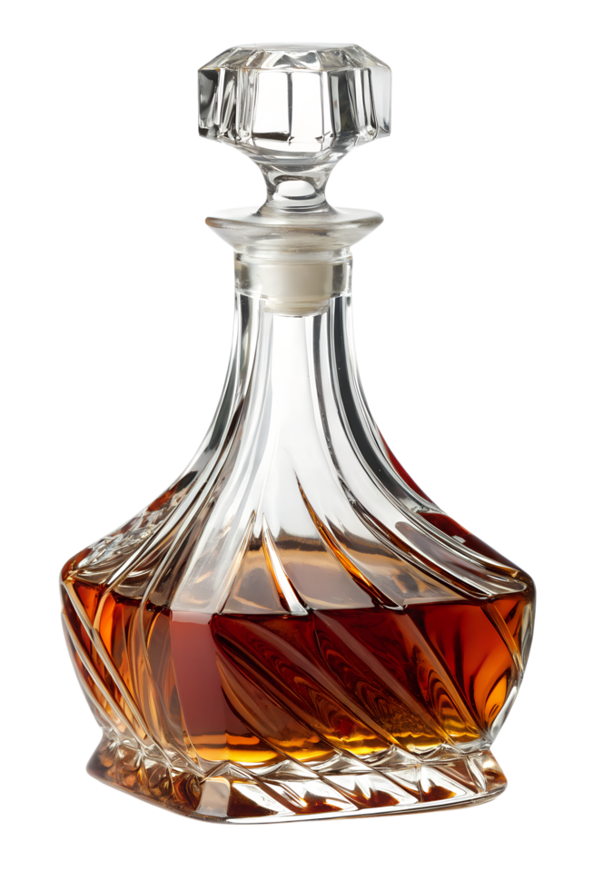 Elegant crystal decanter filled with amber whiskey, isolated on transparent background, luxury bar accessory, alcohol presentation png