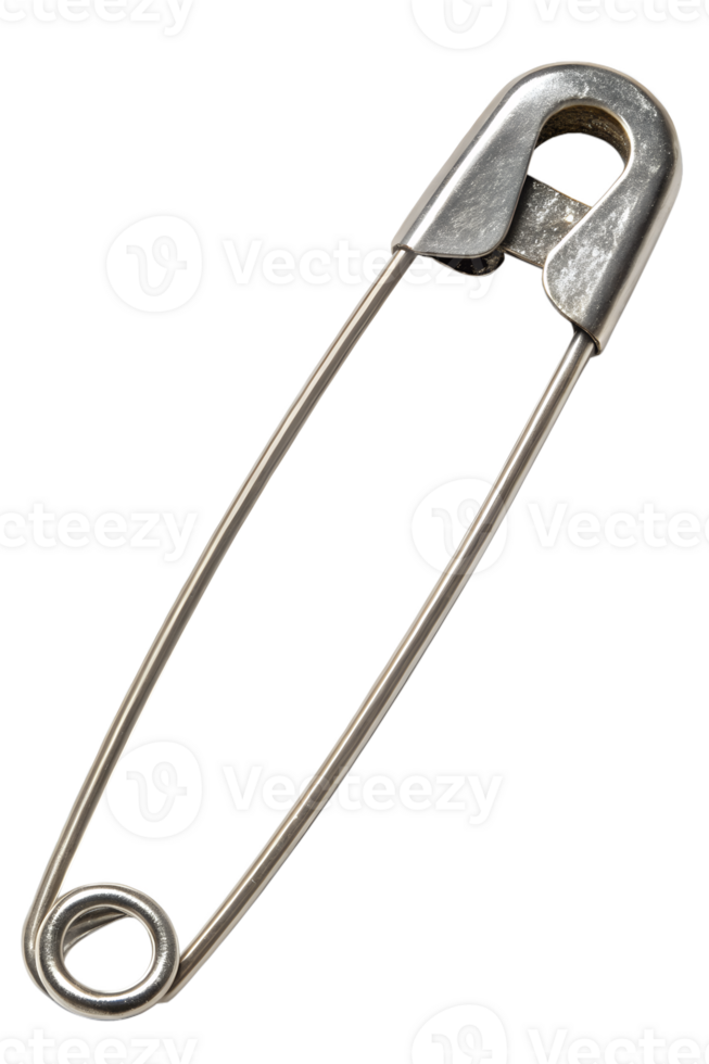 Silver safety pin on transparent background, metallic fastener isolated, shiny sewing or craft accessory png