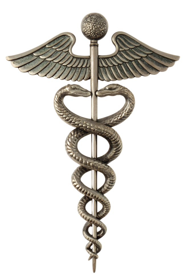 Caduceus symbol with two snakes and wings, emblem of medicine and healthcare, isolated on transparent background png