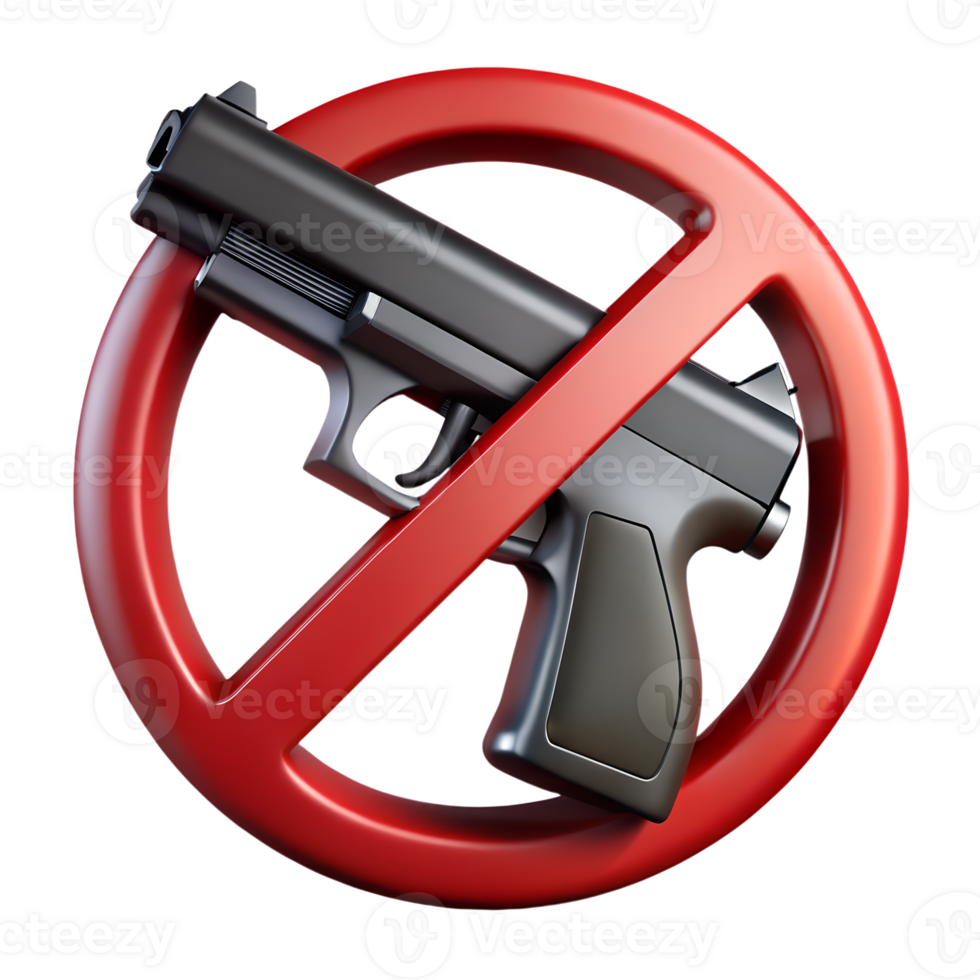 3d rendered prohibition sign with a crossed-out pistol icon, red circle and slash on transparent background. modern, clean design for safety, no firearms allowed concept png