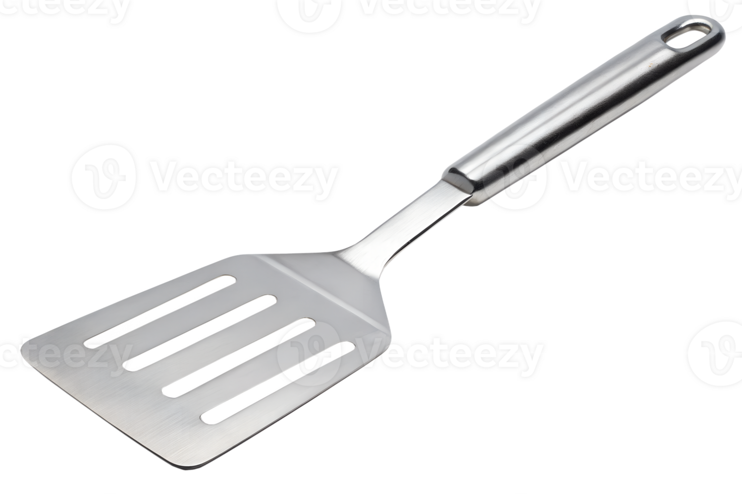 Stainless steel slotted spatula isolated. Professional kitchen utensil for cooking and flipping png