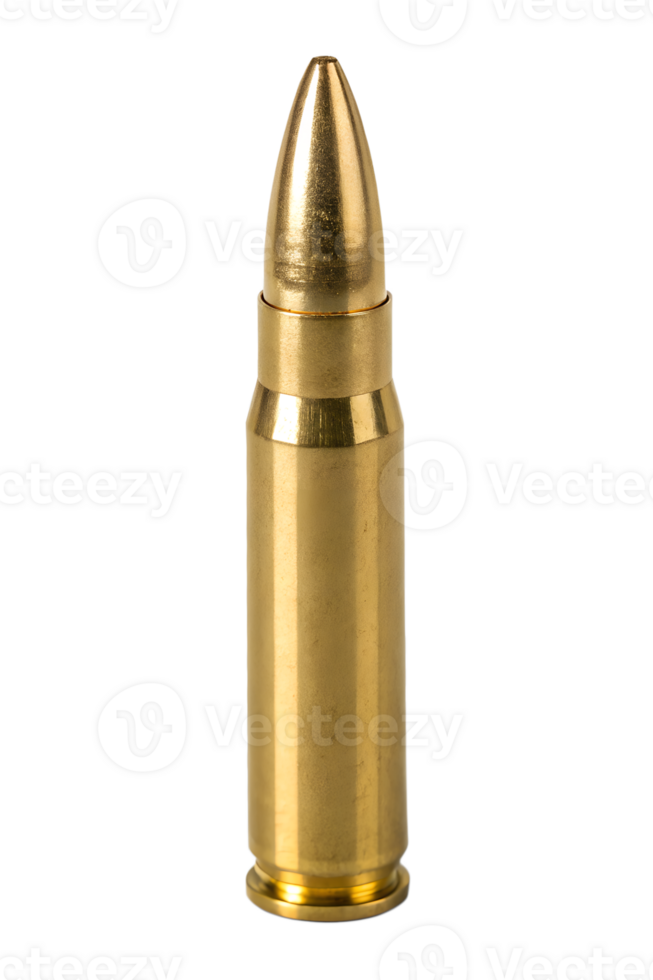 Close-up of a gold-colored bullet isolated on transparent background, metallic shine and realistic details, product shot for design or advertising png