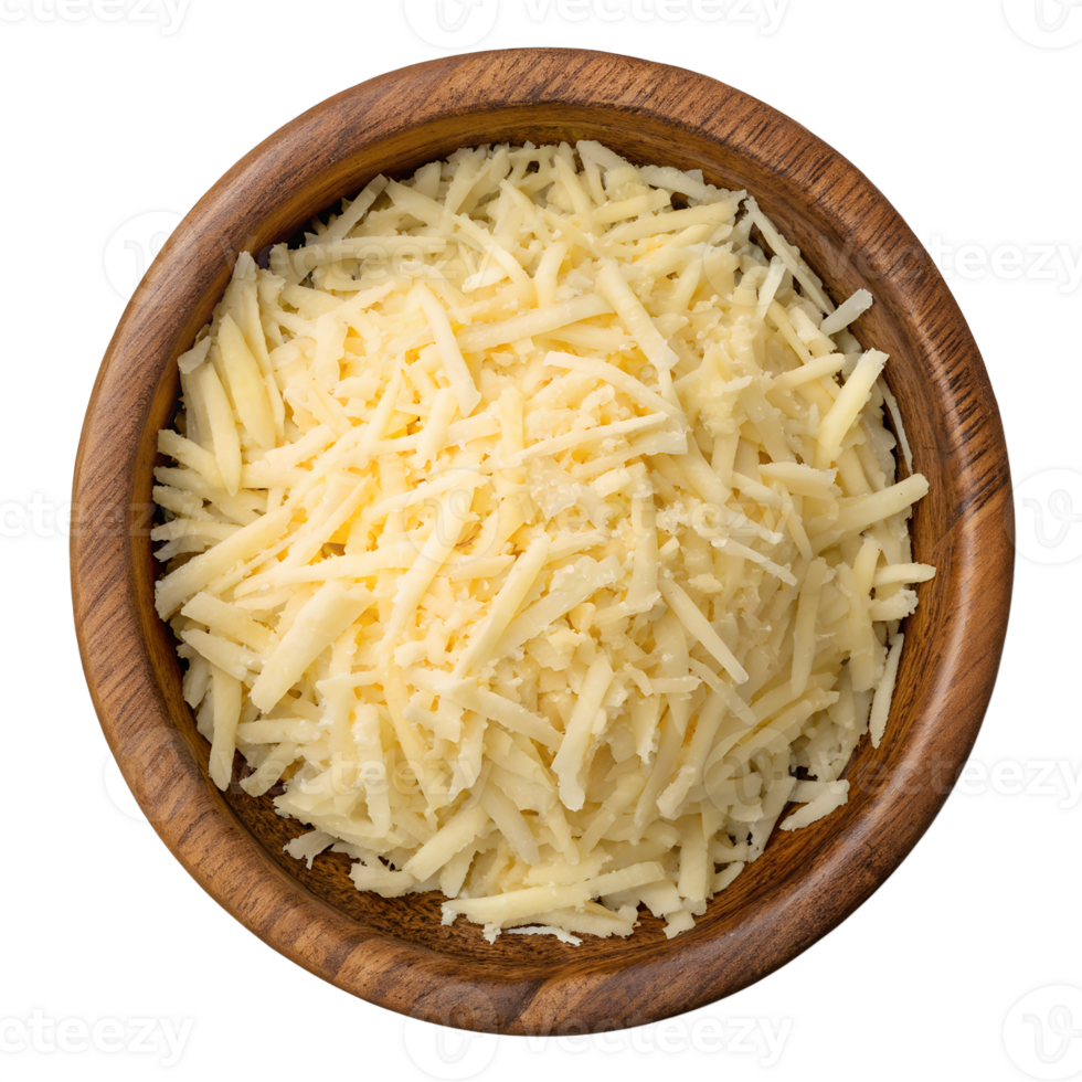 Shredded cheese in wooden bowl, top view isolated on transparent background, fresh dairy ingredient png