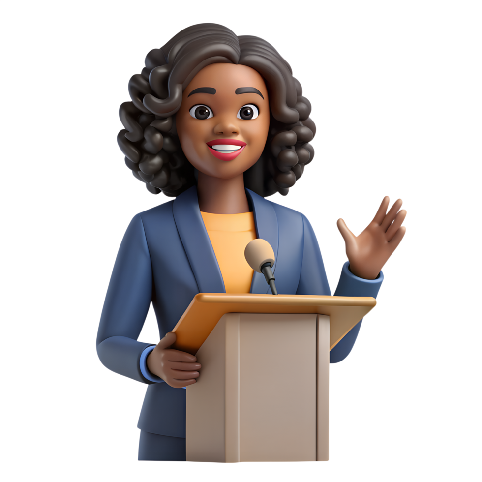 African woman giving a speech at a podium, business presentation or public speaking concept png