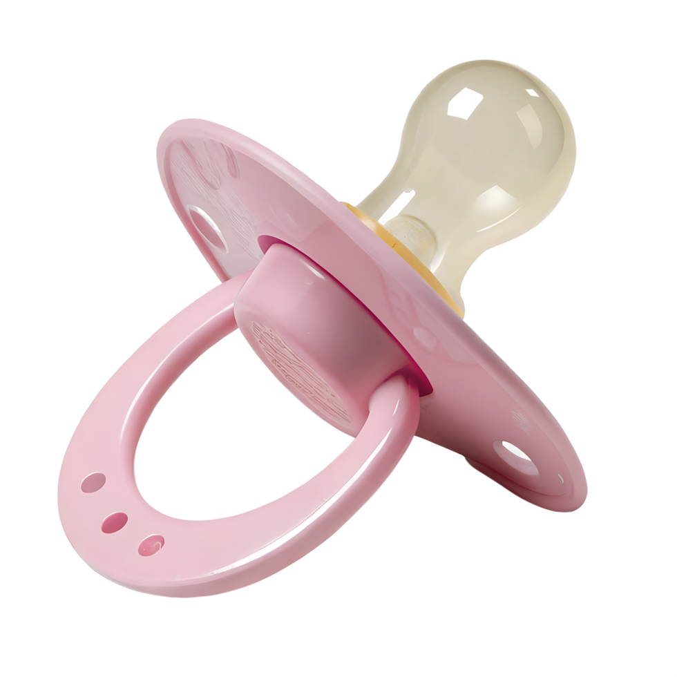 Pink baby pacifier isolated on transparent background, silicone orthodontic soother for newborns, parenting essentials png