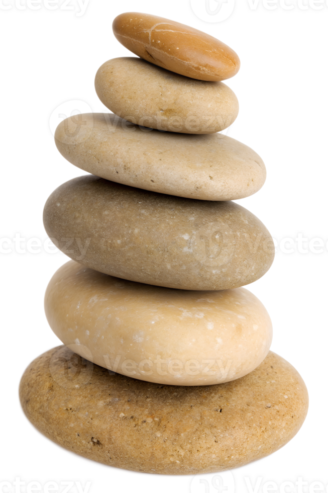Stacked stones in perfect balance, meditation rock pile, zen cairn for mindfulness, isolated on transparent background png