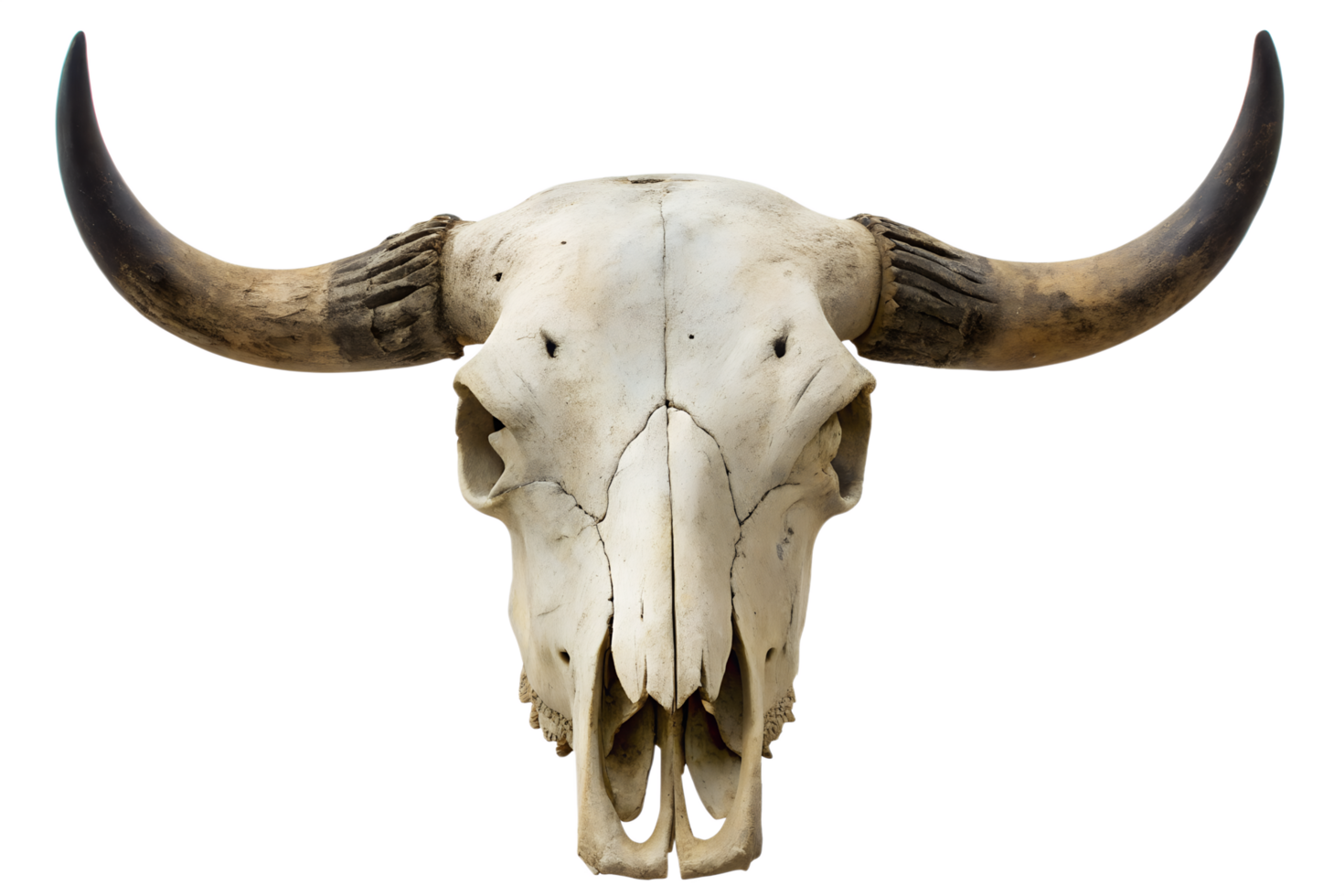 Weathered bovine skull with large curved horns isolated on transparent background, desert animal remains, bleached bones png
