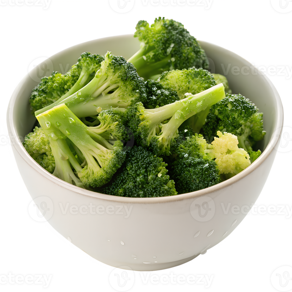 Fresh green broccoli florets in a white bowl isolated, healthy raw vegetable ingredient for cooking png