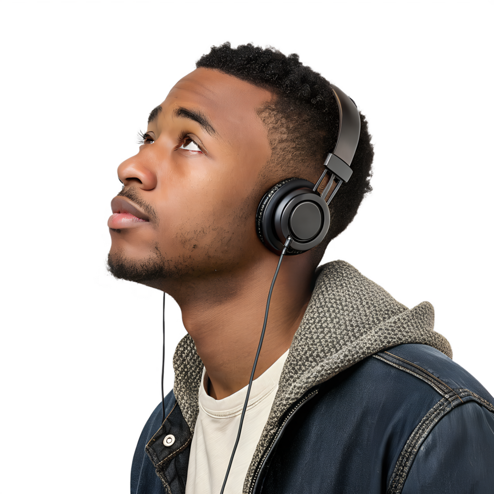 Young black man enjoying music with wireless headphones, smiling and relaxed, portrait of leisure and lifestyle png