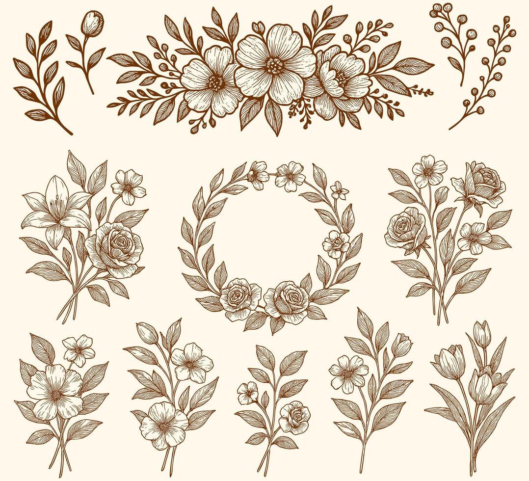 Delicate floral arrangements adorn this pattern, ideal for elegant wedding invitations and stationery. vector