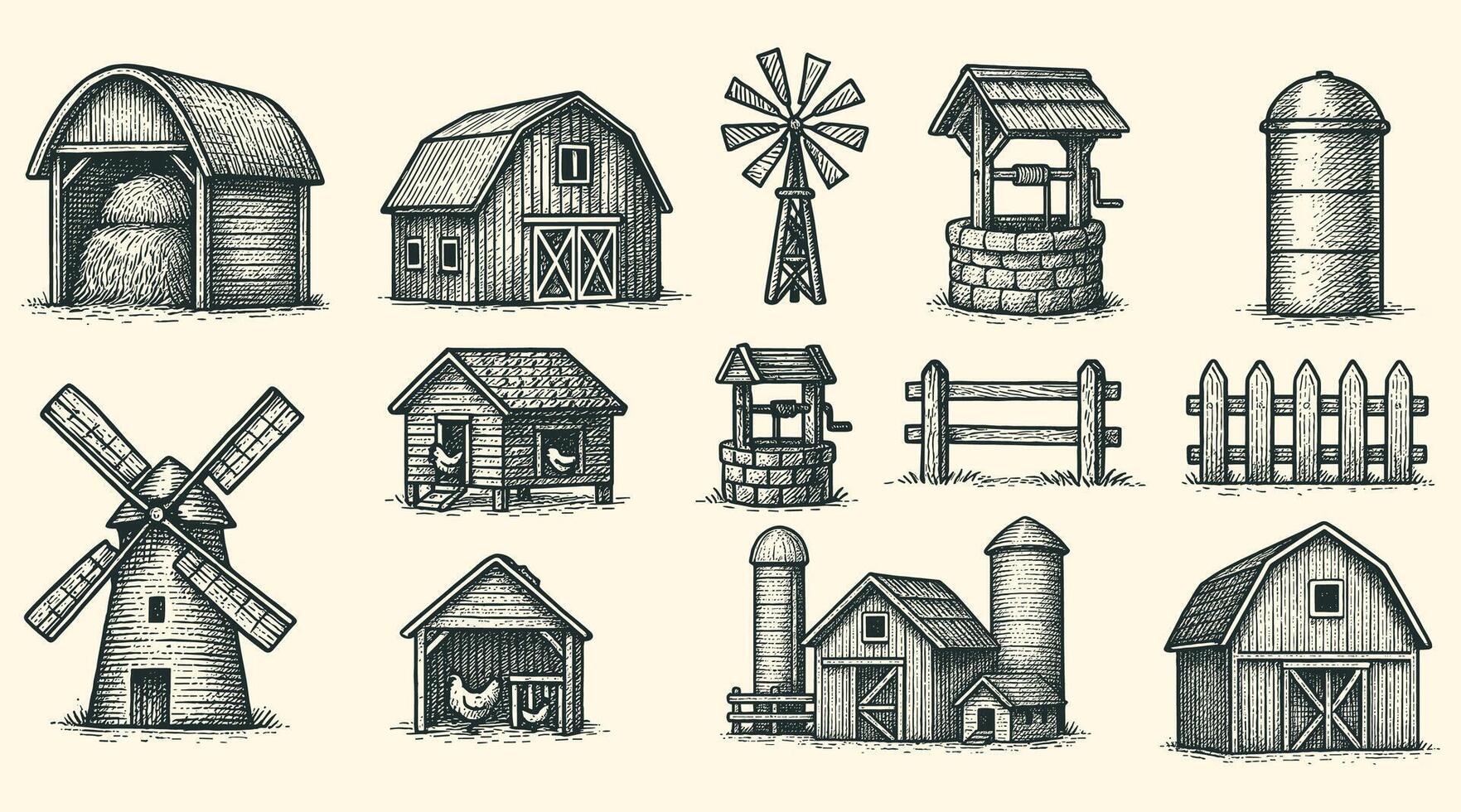 Detailed monochrome illustration showcasing various farm structures in a rural landscape setting vector