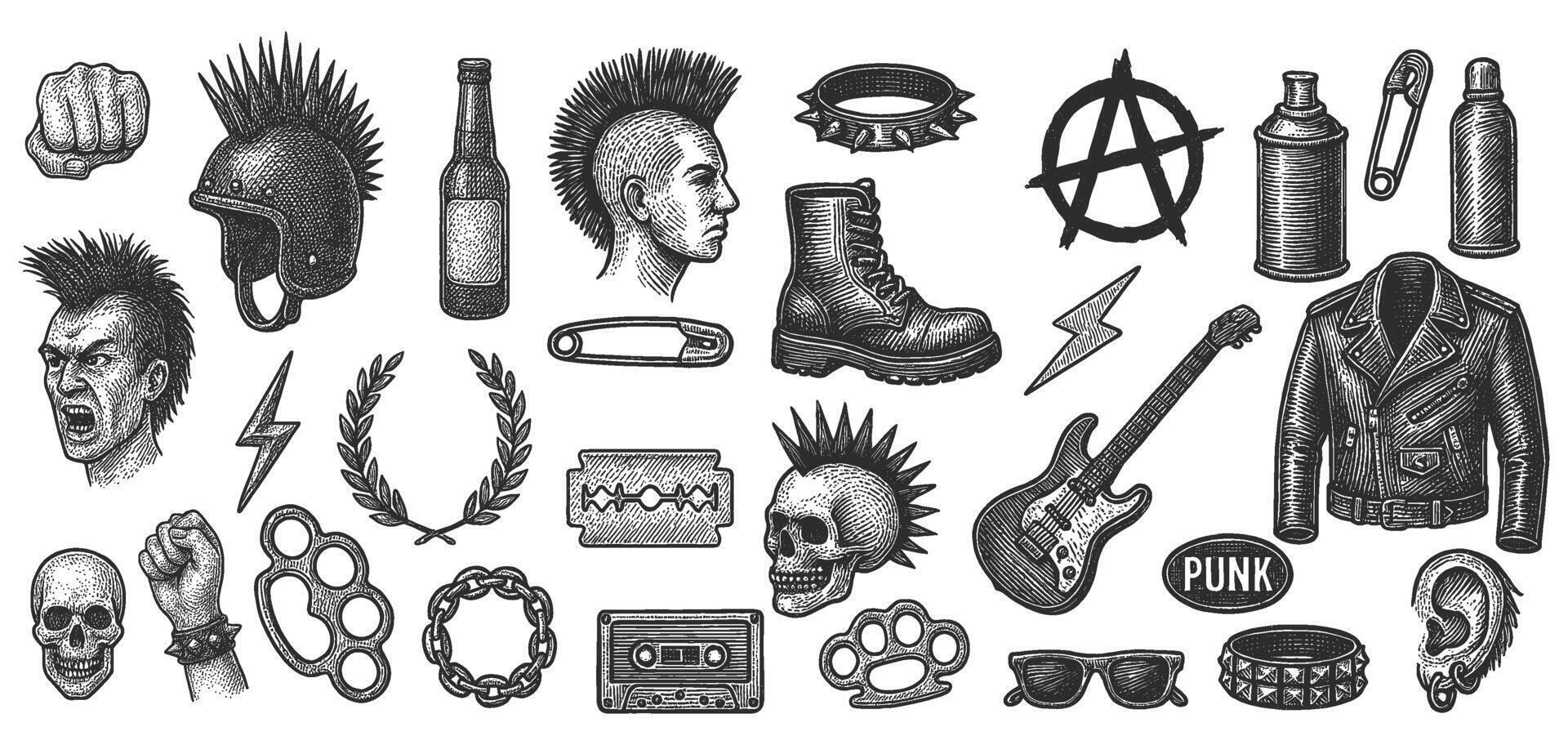 Aggressive rebellion Punk rock subculture icons and attributes hand drawn retro illustration vector
