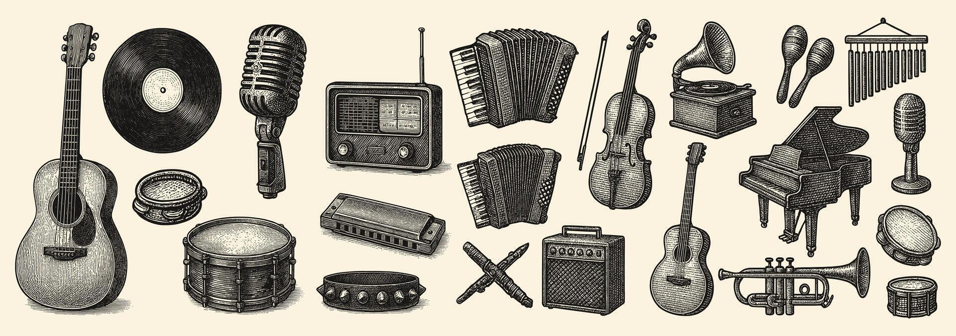 A harmonious assembly of musical instruments creates a symphony of artful vintage style design vector
