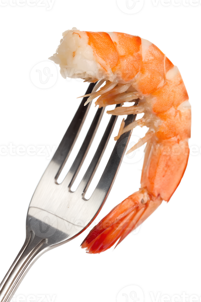 Juicy cooked pink shrimp skewered on fork, isolated on transparent background. Fresh seafood close-up, healthy protein food png