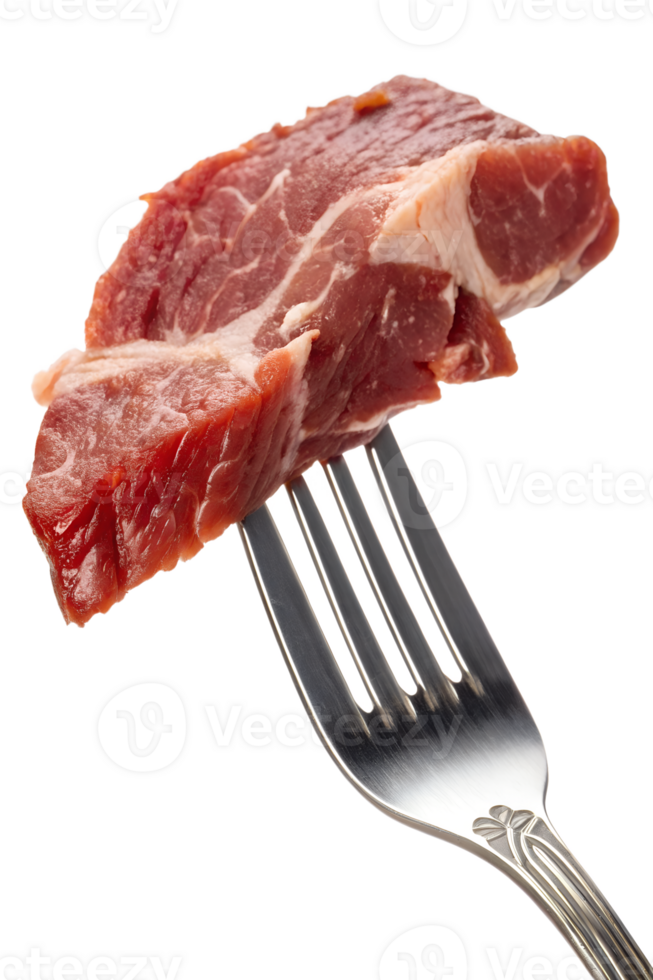 Raw steak on a fork - close-up isolated on transparent background. Food photography for ads, menus, and cooking blogs png