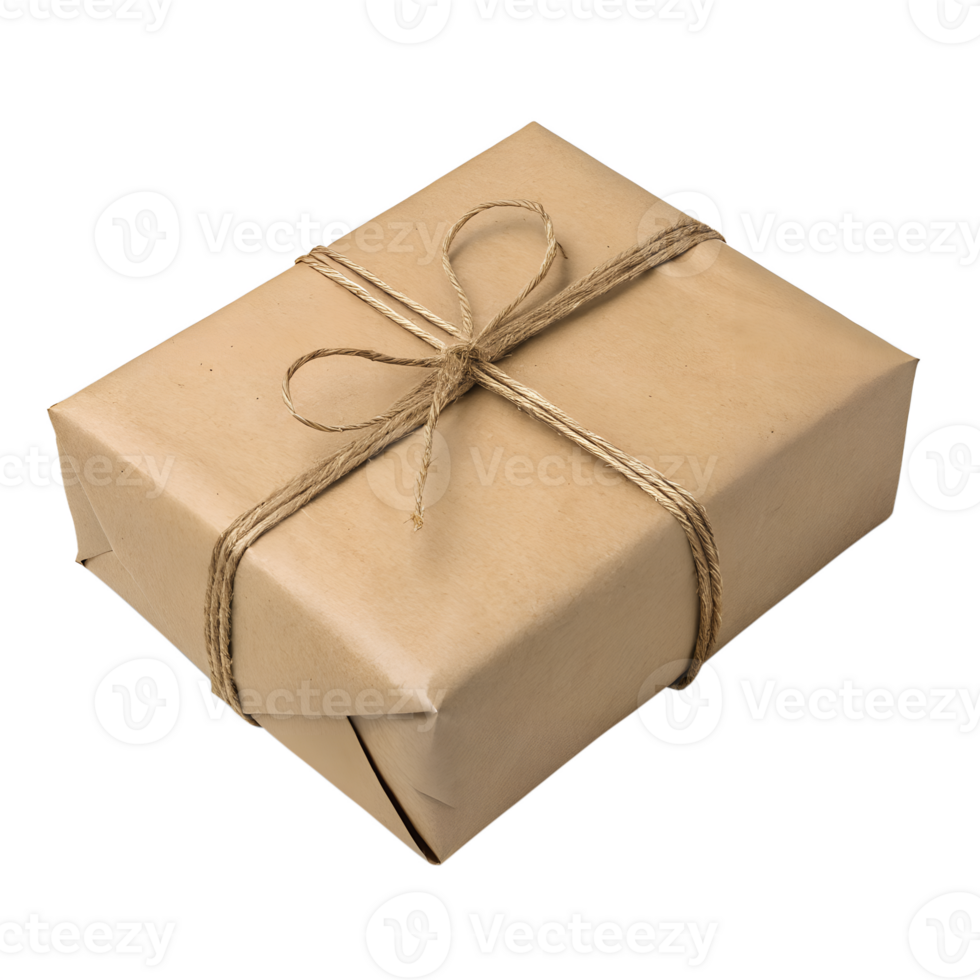 Elegant wrapped gift box with rustic twine bow isolated on transparent background, minimalist holiday present png