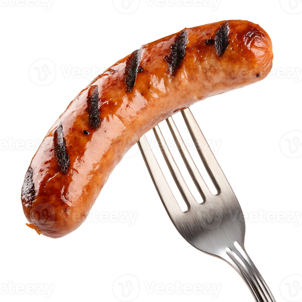 Juicy grilled sausage with charred marks on metal fork, isolated on transparent background, bbq food, smoky flavor, meat snack, protein meal png