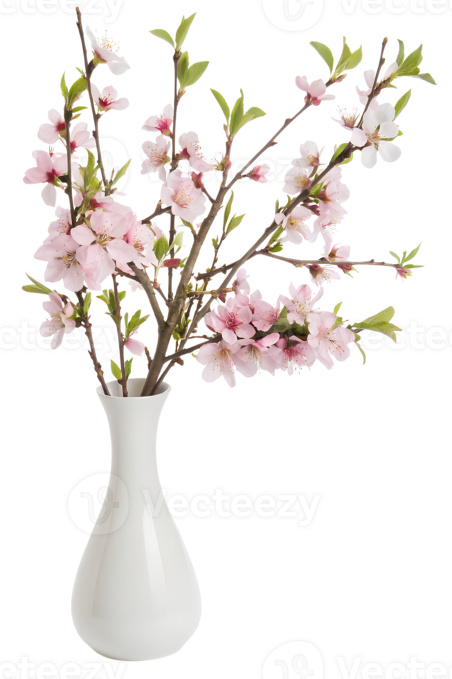 Elegant cherry blossom floral arrangement in a minimalist white vase on transparent background, spring decor png