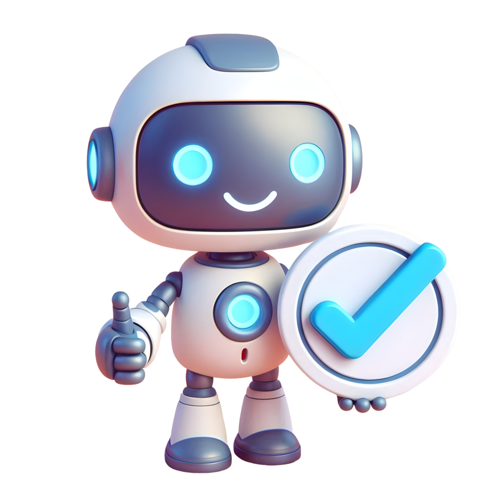 Cartoon-themed 3D render of a robot with a checkmark png