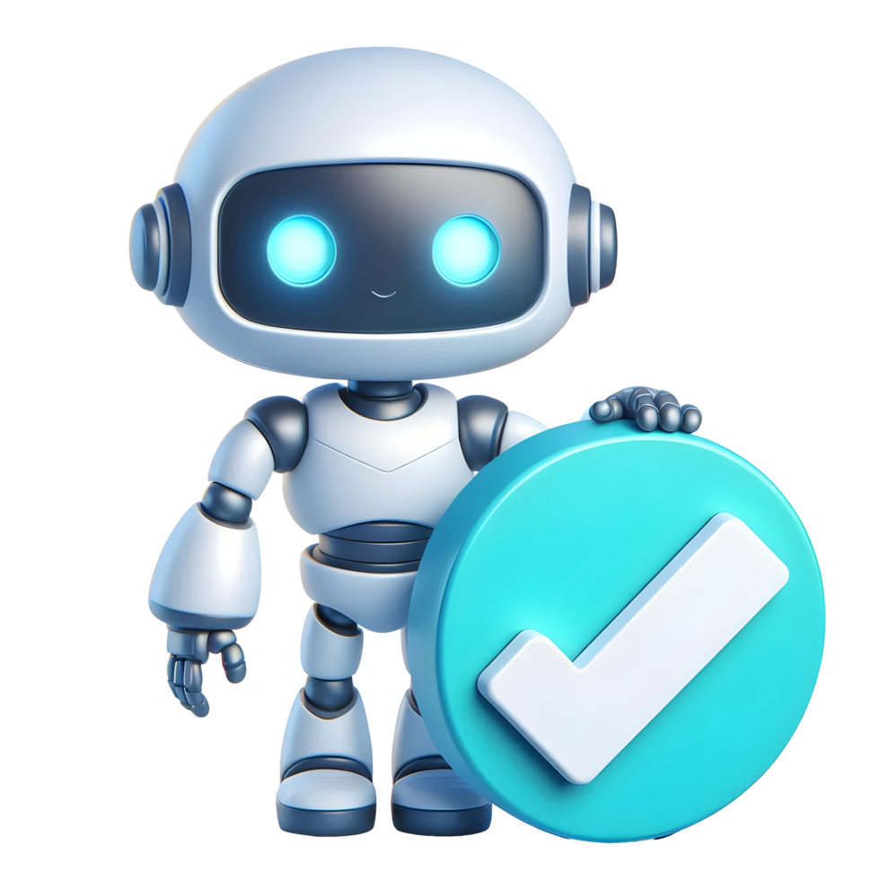 3D cartoon render of a robot and an approval checkmark png