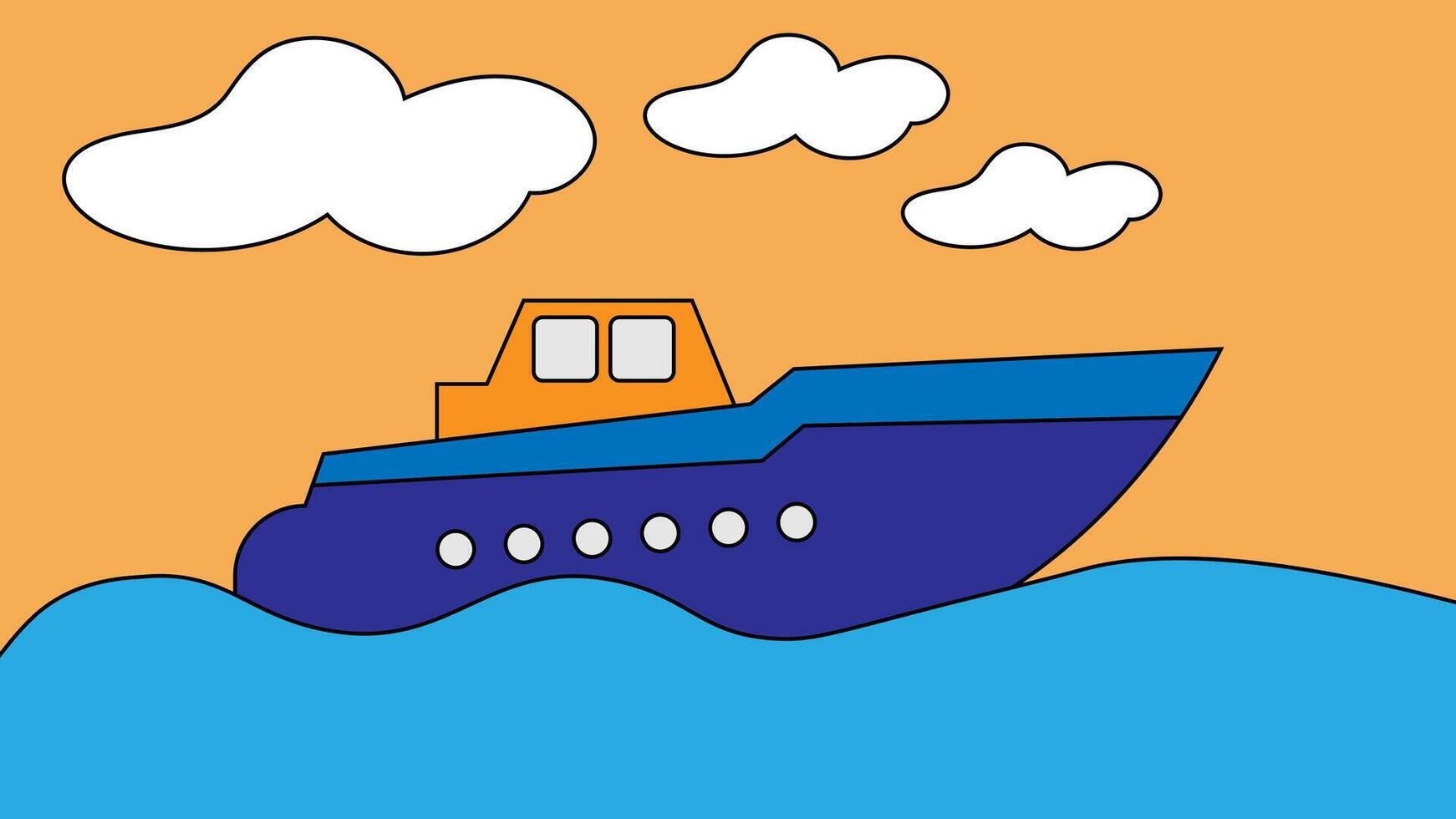 ship in the sea hand-drawn cartoon style illustration vector