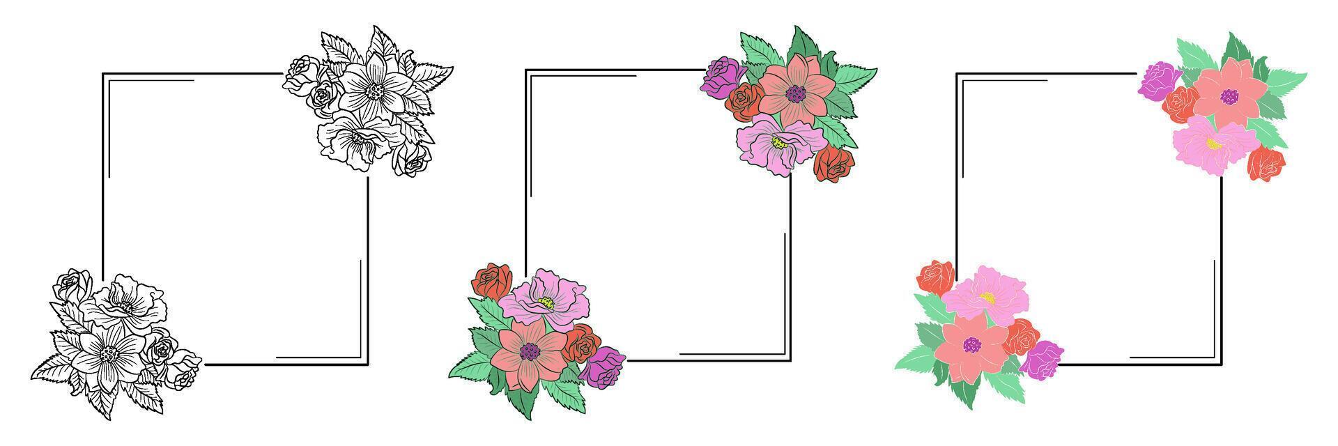 Set of square frame with flower on transparent background vector