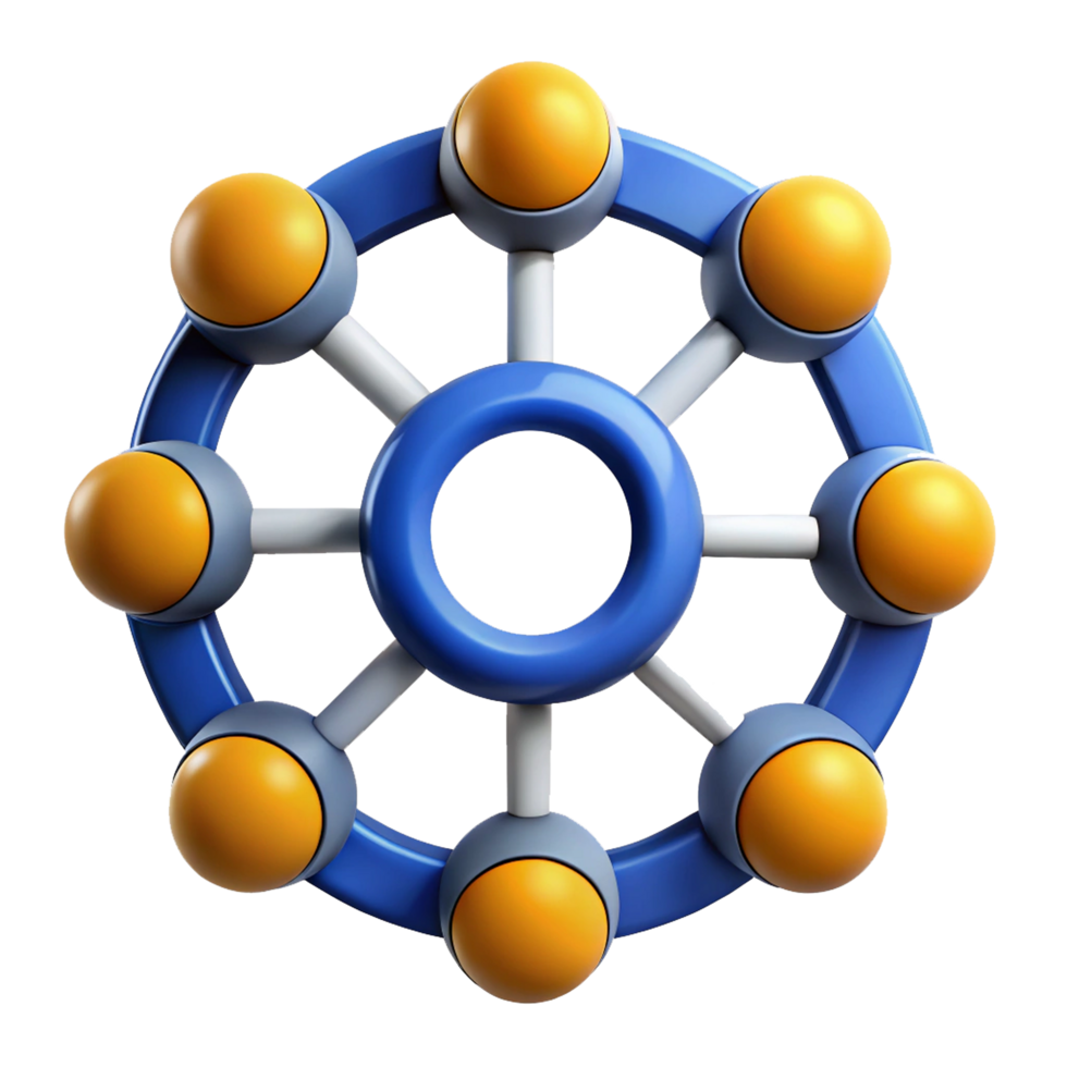 3D Icon of a Central Circle with Connected Nodes, Network Hub, Connection Point, Distributed System, Data Flow, and Digital Communication Symbol for Collaboration and Technology png