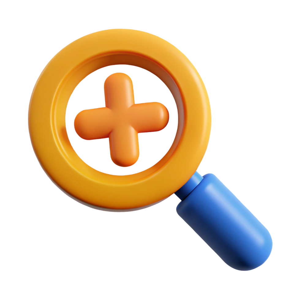 3D Icon of a Magnifying Glass with Plus Sign, Zoom In, Search Tool, Focus Enhancement, and Data Analysis Symbol png