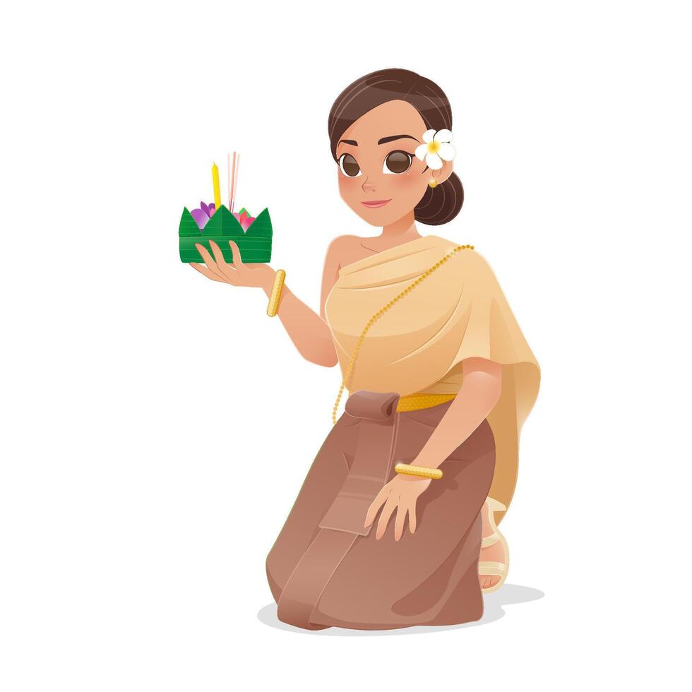 Illustration of a woman at Loy Kratong Festival in Thailand. vector