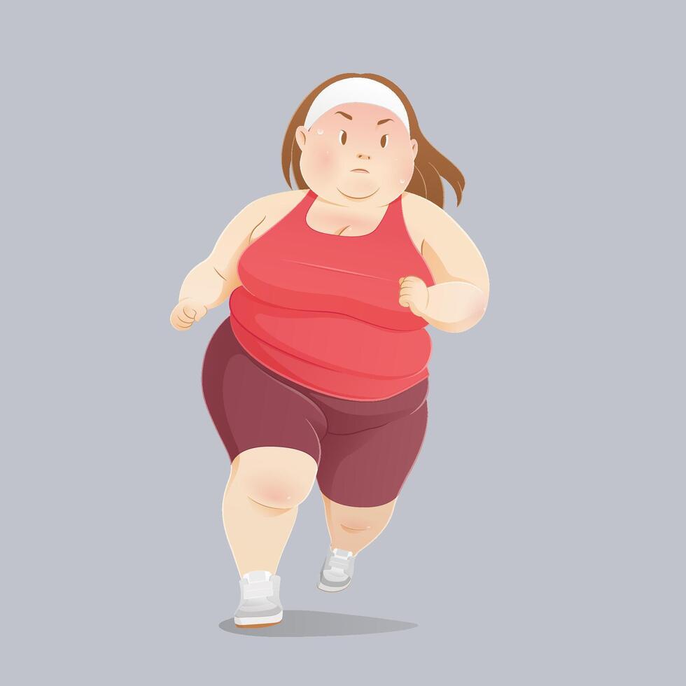 A fat woman is jogging to get healthy and stronger every day. vector