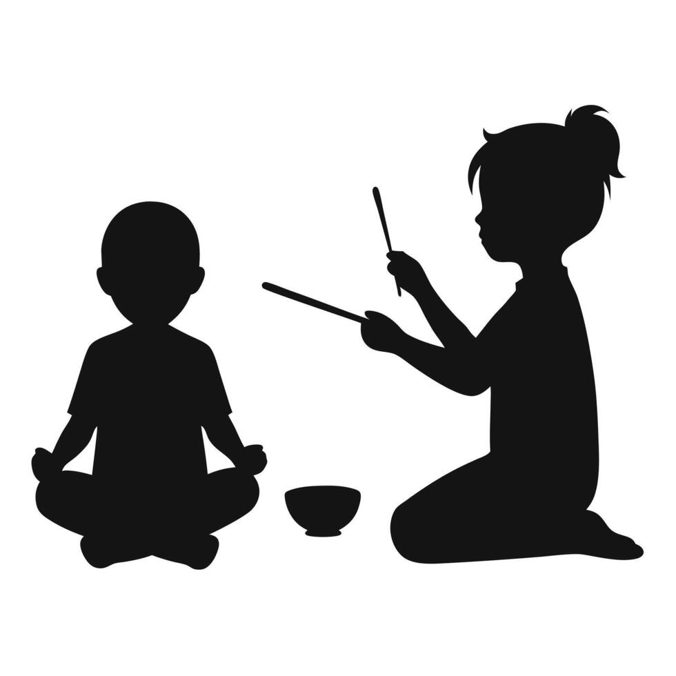 Silhouette of children playing with chopsticks and bowl vector